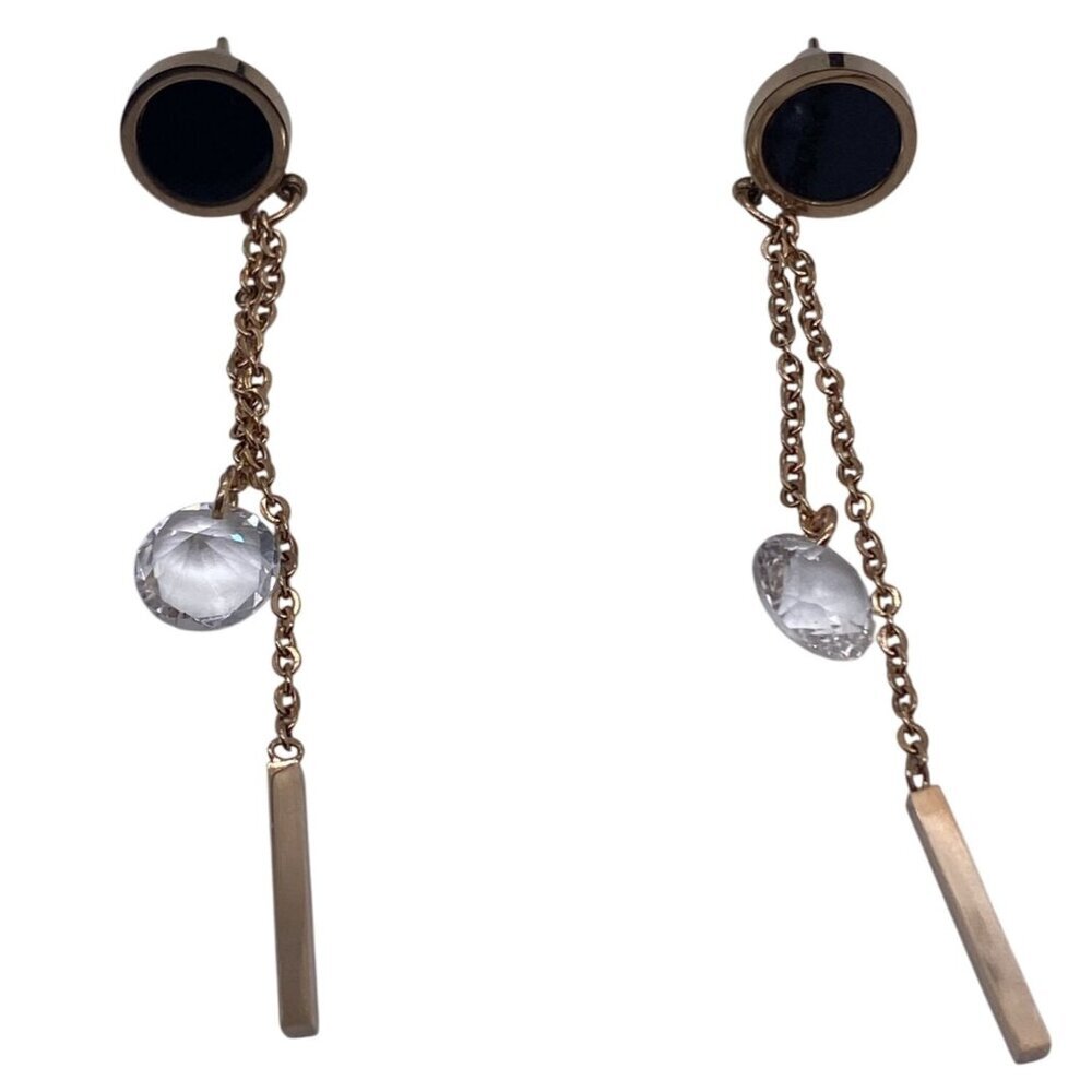Tuqia Women’s Stainless Steel‎ Tassel Earrings 8mm Clear Crystal Dangle Gold